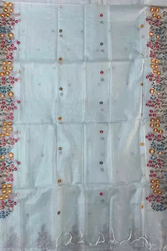 Light green kota doria 3pcs unstiched dress material with beautiful floral embroidery work .