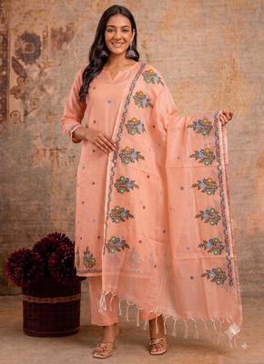 Peach kota doria 3pcs unstiched dress material with beautiful floral embroidery work . 1