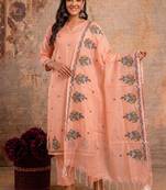 Peach kota doria 3pcs unstiched dress material with beautiful floral embroidery work .