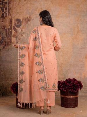Peach kota doria 3pcs unstiched dress material with beautiful floral embroidery work . 2