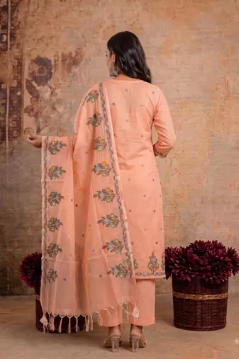 Peach kota doria 3pcs unstiched dress material with beautiful floral embroidery work .
