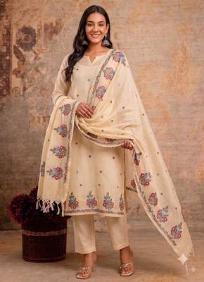 beige kota doria 3pcs unstiched dress material with beautiful floral embroidery work . 1