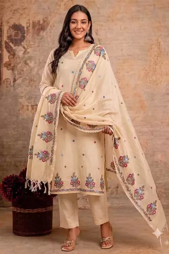 beige kota doria 3pcs unstiched dress material with beautiful floral embroidery work .