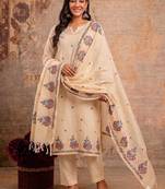 beige kota doria 3pcs unstiched dress material with beautiful floral embroidery work .