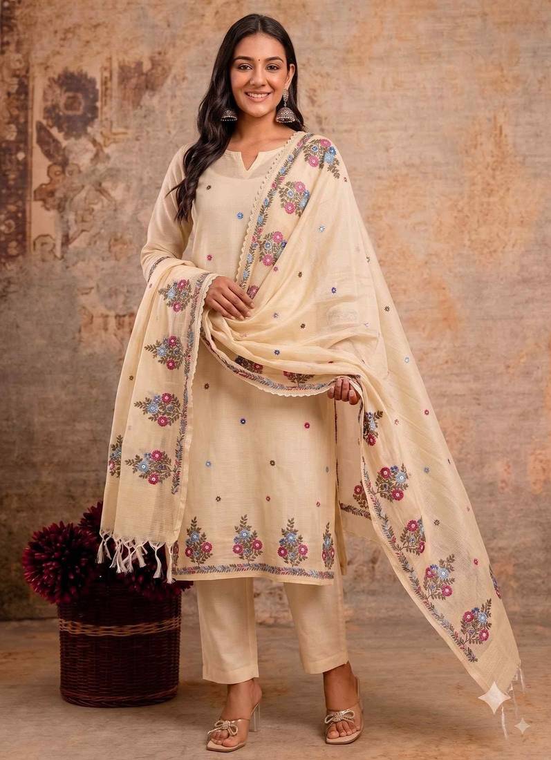 beige kota doria 3pcs unstiched dress material with beautiful floral embroidery work .