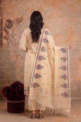 beige kota doria 3pcs unstiched dress material with beautiful floral embroidery work . 2