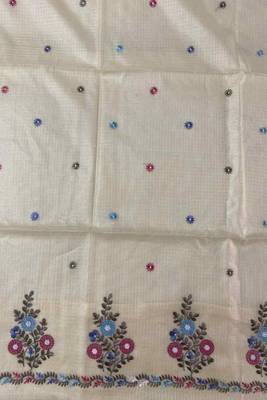 beige kota doria 3pcs unstiched dress material with beautiful floral embroidery work . 3