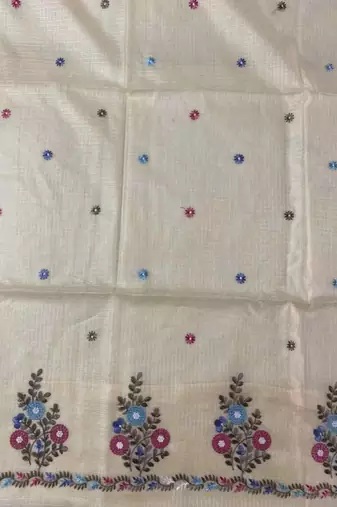 beige kota doria 3pcs unstiched dress material with beautiful floral embroidery work .