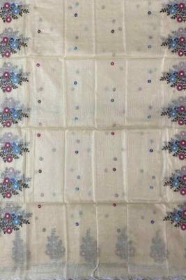 beige kota doria 3pcs unstiched dress material with beautiful floral embroidery work . 4