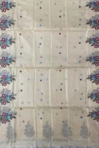 beige kota doria 3pcs unstiched dress material with beautiful floral embroidery work .