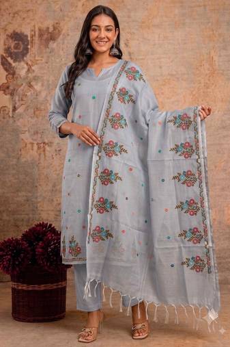 Grey kota doria 3pcs unstiched dress material with beautiful floral embroidery work .