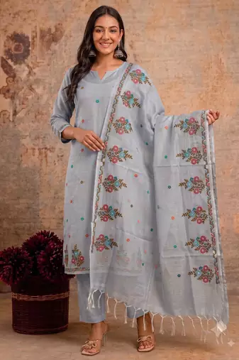 Grey kota doria 3pcs unstiched dress material with beautiful floral embroidery work .