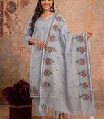 Grey kota doria 3pcs unstiched dress material with beautiful floral embroidery work .