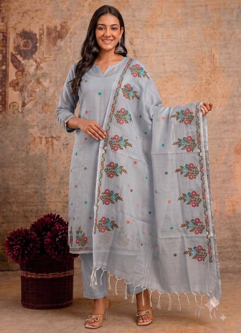 Grey kota doria 3pcs unstiched dress material with beautiful floral embroidery work .