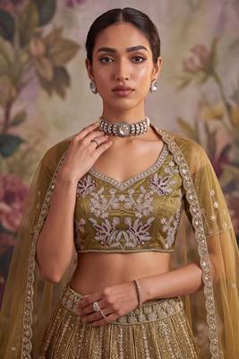 brown embroidered net unstitched lehenga choli with dupatta 2