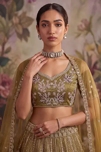 brown embroidered net unstitched lehenga choli with dupatta