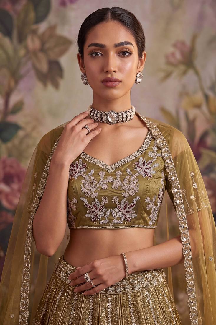brown embroidered net unstitched lehenga choli with dupatta