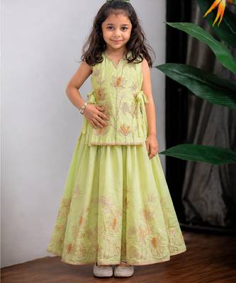 Green embroidered muslin cotton ghagra choli 1