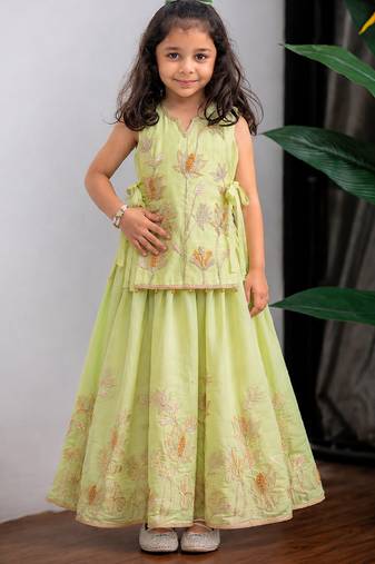 Green embroidered muslin cotton ghagra choli