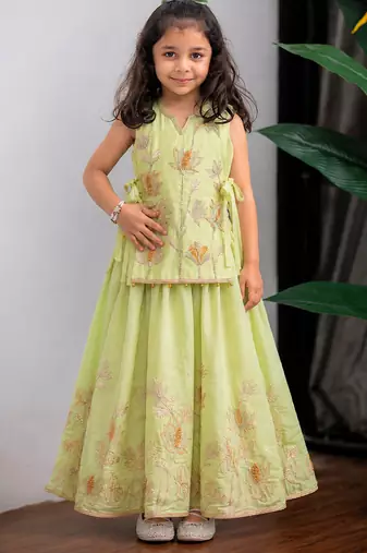 Green embroidered muslin cotton ghagra choli