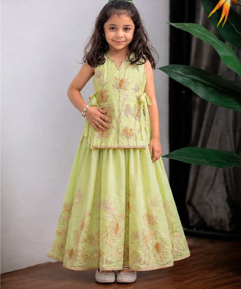 Green embroidered muslin cotton ghagra choli