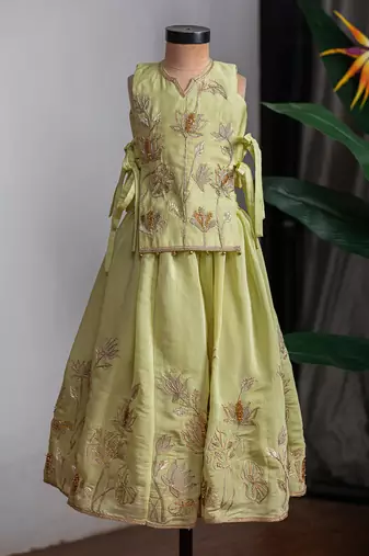Green embroidered muslin cotton ghagra choli