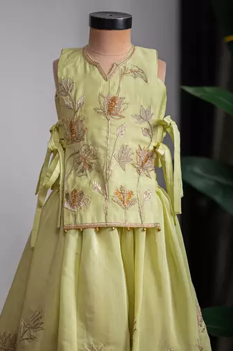Green embroidered muslin cotton ghagra choli