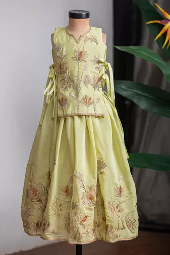 Green embroidered muslin cotton ghagra choli