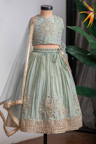 Green embroidered cosmic silk lehenga set