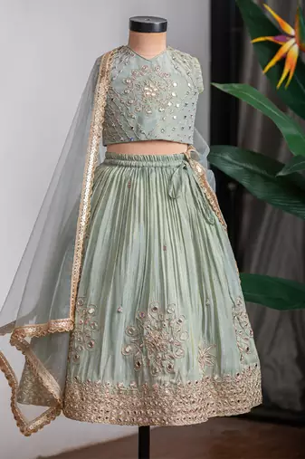 Green embroidered cosmic silk lehenga set