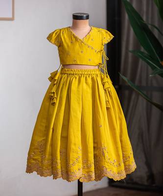 Mustard yellow embroidered muslin silk lehenga set 1