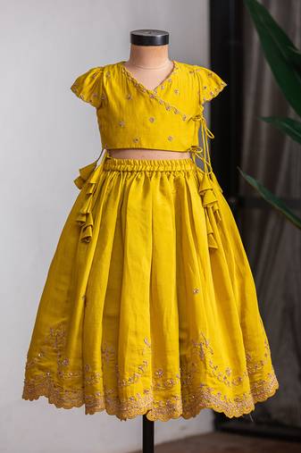 Mustard yellow embroidered muslin silk lehenga set