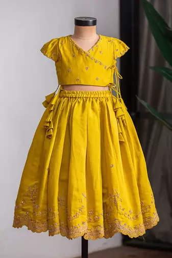 Mustard yellow embroidered muslin silk lehenga set