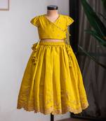 Mustard yellow embroidered muslin silk lehenga set