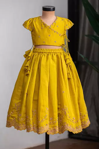 Mustard yellow embroidered muslin silk lehenga set