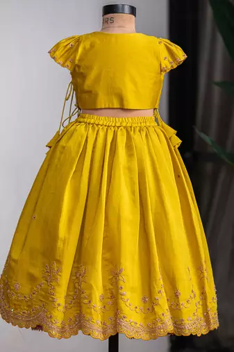 Mustard yellow embroidered muslin silk lehenga set