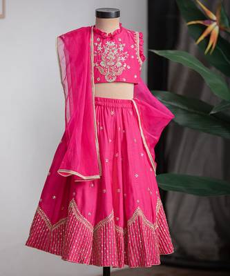 Rani pink embroidered dola silk lehenga set 1