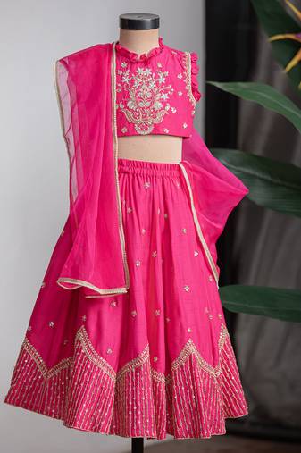 Rani pink embroidered dola silk lehenga set