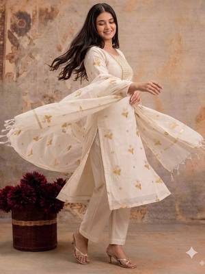 Off-white mul silk BLEND  3pcs Unstitched dress material with yellow floral embroidery work . 1