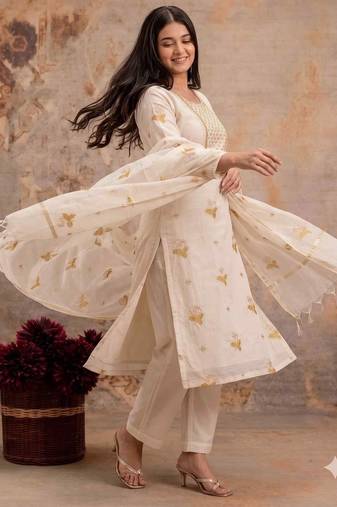 Off-white mul silk BLEND  3pcs Unstitched dress material with yellow floral embroidery work .