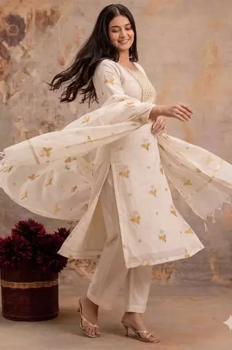 Off-white mul silk BLEND  3pcs Unstitched dress material with yellow floral embroidery work .