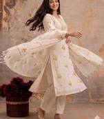 Off-white mul silk BLEND  3pcs Unstitched dress material with yellow floral embroidery work .
