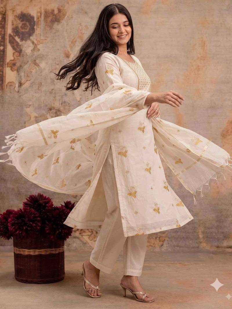 Off-white mul silk BLEND  3pcs Unstitched dress material with yellow floral embroidery work .