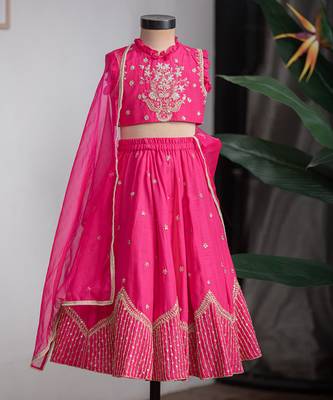 Rani pink embroidered dola silk lehenga set 3