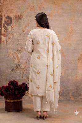 Off-white mul silk BLEND  3pcs Unstitched dress material with yellow floral embroidery work . 2