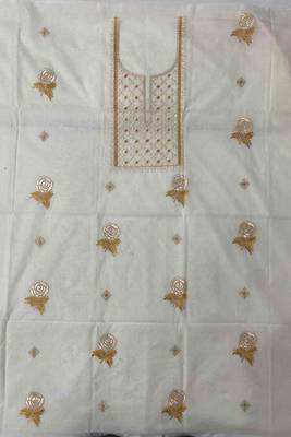 Off-white mul silk BLEND  3pcs Unstitched dress material with yellow floral embroidery work . 3