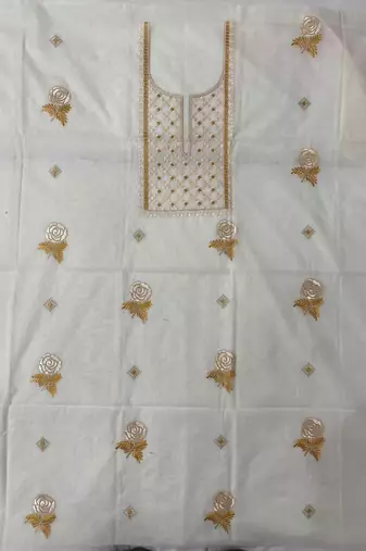 Off-white mul silk BLEND  3pcs Unstitched dress material with yellow floral embroidery work .
