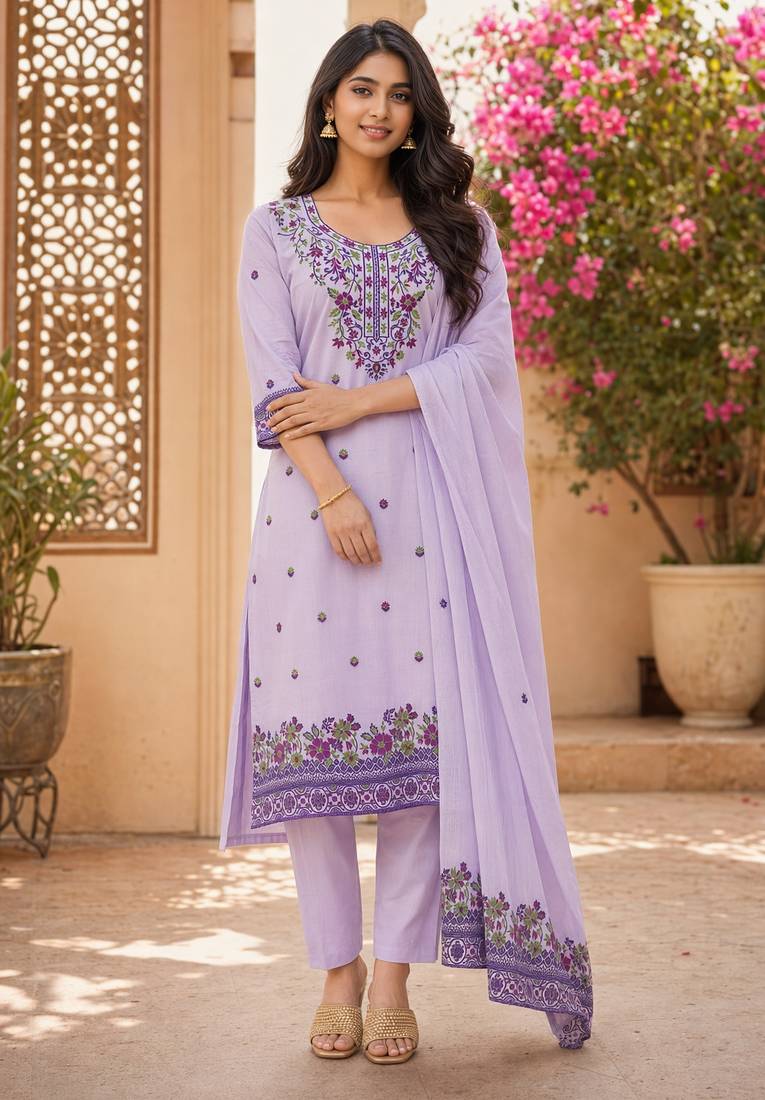 Lavendar handwoven jamdani kurti with dupatta and pant