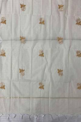 Off-white mul silk BLEND  3pcs Unstitched dress material with yellow floral embroidery work . 4
