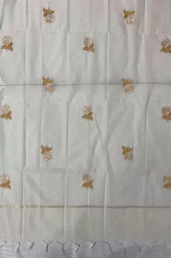 Off-white mul silk BLEND  3pcs Unstitched dress material with yellow floral embroidery work .